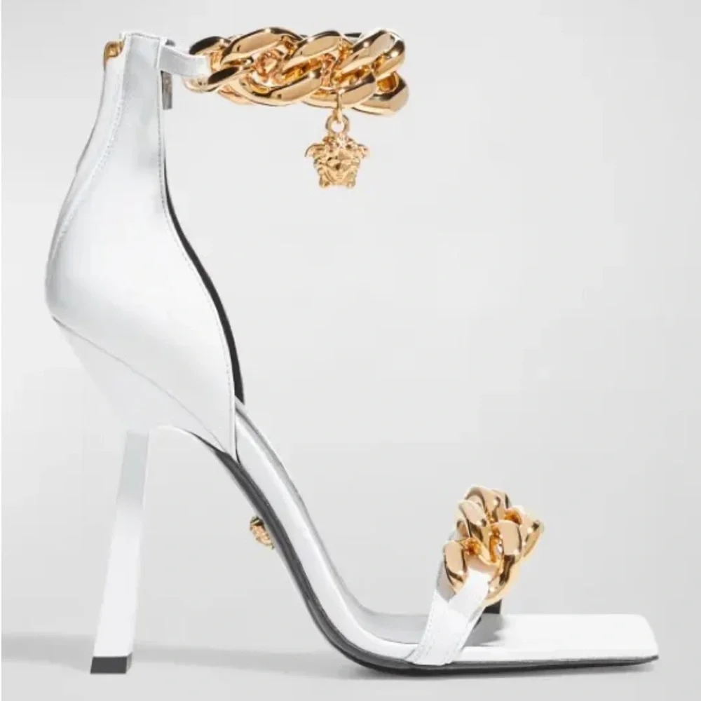 Versace Authentic White And Gold Medusa Chain Leather Sandals Heels Womens 8 - Picture 1 of 16